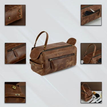 Premium Cowhide Leather Toiletry Bag Travel Dopp Kit Distressed Brown -